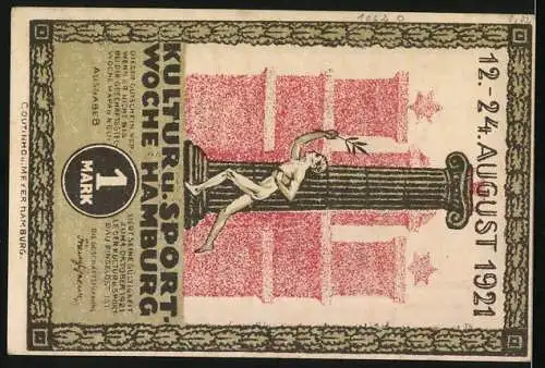 Notgeld Hamburg, 1921, 1 Mark, Seefahrt ist not! Zwei Löwen und Handels-Flagge, Kultur- u. Sportwoche