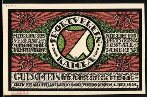 Notgeld Kahla 1921, 75 Pfennig, Sportverein Kahla Fussballturnier, Szene im Strafraum