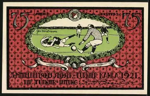 Notgeld Kahla 1921, 75 Pfennig, Sportverein Kahla Fussballturnier, Szene im Strafraum