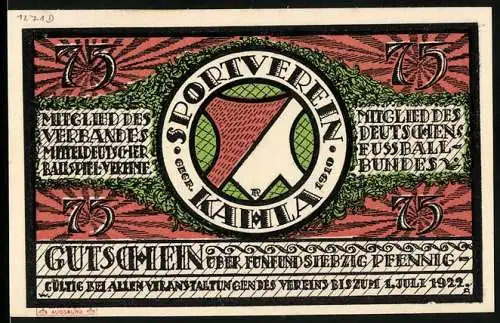 Notgeld Kahla, 1921, 75 Pfennig, Sportverein Kahla Fussballspieler und Vereinslogo