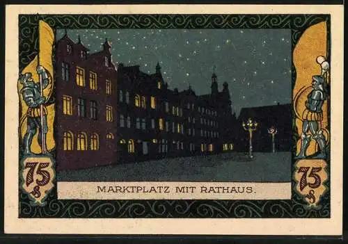 Notgeld Kahla 1921, 75 Pfennig, Marktplatz mit Rathaus und Waldmuster