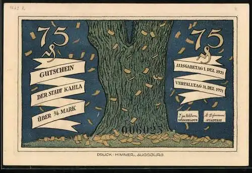 Notgeld Kahla 1921, 75 Pfennig, Baum mit fallenden Blättern und Bogenschütze, der auf gefesselten Merkur zielt