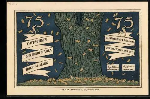 Notgeld Kahla 1921, Gutschein über 75 Pfennig, Baum und kämpfende Menschen, Einigkeit macht stark