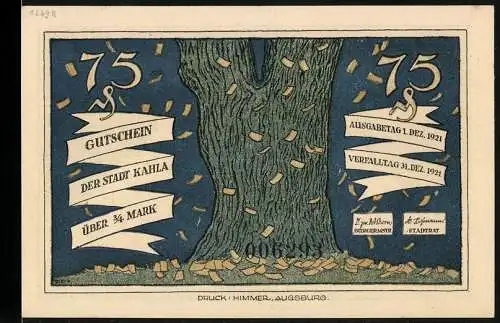 Notgeld Kahla 1921, 75 Pfennig, Vorderseite Baum mit fallenden Scheinen, Rückseite Starkbier macht Einigkeit