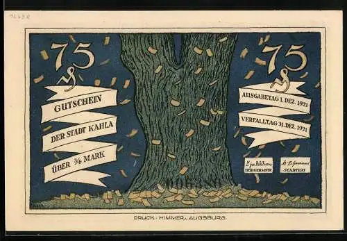 Notgeld Kahla 1921, 75 Pfennig, Baum- und Bogenschütze mit Merkur als Zielscheibe