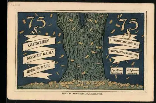 Notgeld Kahla 1921, 75 Pfennig, Baum mit fallenden Blättern und Der Deutsche Merkur-Illustration