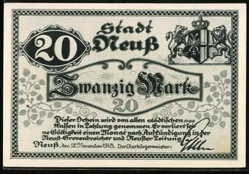 Notgeld Neuss 1918, 20 Mark, Löwenwappen und florales Muster