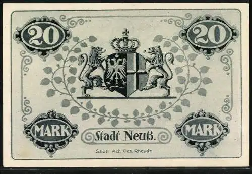 Notgeld Neuss 1918, 20 Mark, Löwenwappen und florales Muster