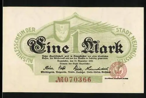 Notgeld Neumünster 1918, 1 Mark, Ausweisschein der Stadt Neumünster mit rotem Siegel und grüner Verzierung