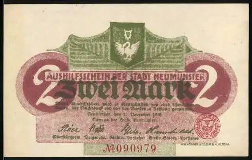 Notgeld Neumünster 1918, 2 Mark, Aushilfsschein mit Adler und Siegel, Seriennummer 090979