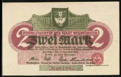 Notgeld Neumünster 1918, 2 Mark, Ausrufzeichen und Adler, Seriennummer 061205