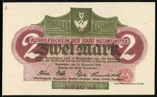 Notgeld Neumünster 1918, 2 Mark, Aushilfeschein der Stadt Neumünster mit Adlerwappen