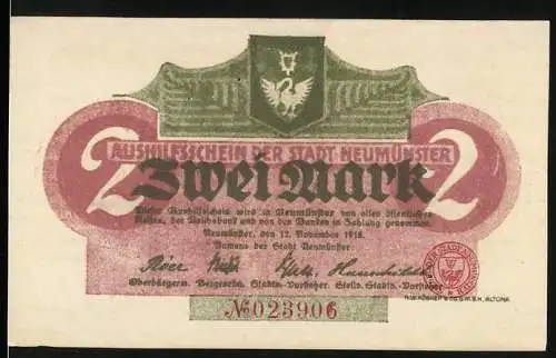 Notgeld Neumünster 1918, 2 Mark, Ausgabedatum 12. November 1918, Seriennummer 023906