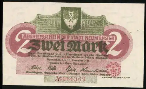 Notgeld Neumünster 1918, 2 Mark, Ausweisschein der Stadt Neumünster mit Wappen und Signaturen