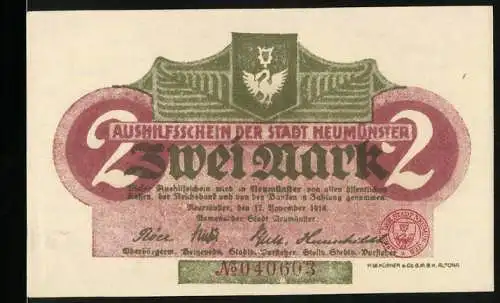 Notgeld Neumünster 1918, 2 Mark, Ausnahmeschein der Stadt mit Adlerwappen und Seriennummer 0400603