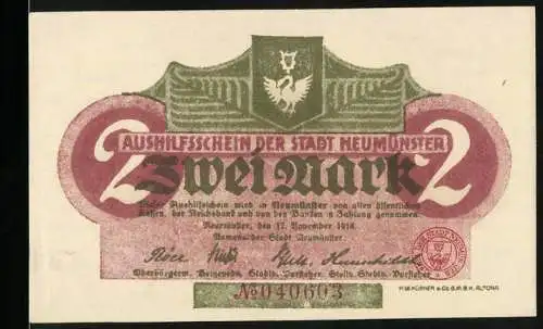 Notgeld Neumünster 1918, 2 Mark, Ausnahmeschein der Stadt mit Adlerwappen und Seriennummer 