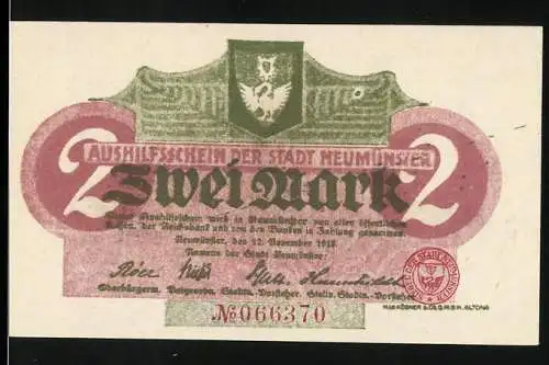 Notgeld Neumünster 1918, Zwei Mark, Ausweisschein der Stadt Neumünster mit Adler und rotem Siegel