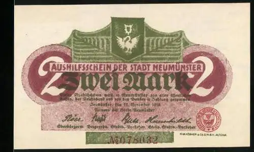 Notgeld Neumünster 1918, Zwei Mark, Ausgleichsschein der Stadt Neumünster mit rotem und grünem Druck