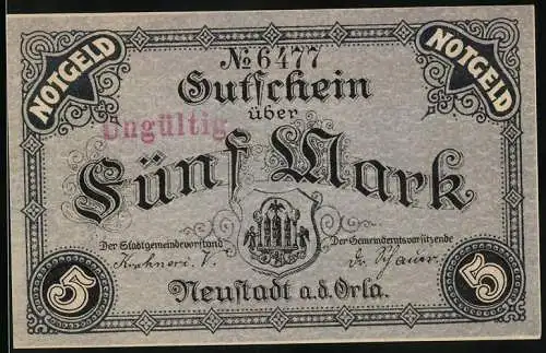 Notgeld Neustadt a.d. Orla, 1918, 5 Mark, Gutschein mit Stadtwappen und Verzierung