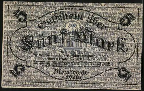 Notgeld Neustadt a.d. Orla, 1918, 5 Mark, Gutschein mit Stadtwappen und Verzierung