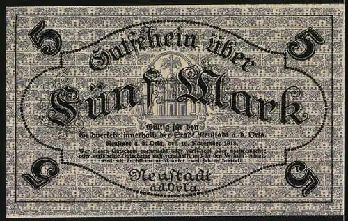 Notgeld Neustadt a.d. Orla, 1918, 5 Mark, Gutschein über fünf Mark mit Inschrift `Ungültig` und Stadtwappen