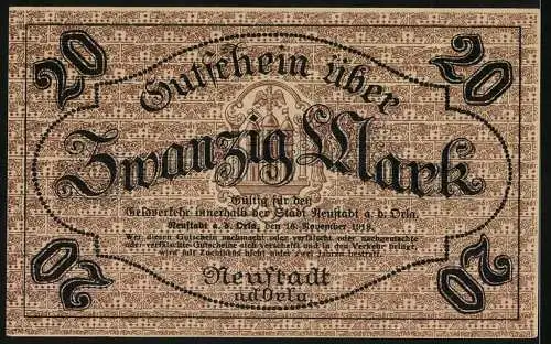 Notgeld Neustadt a.d. Orla, 1918, 20 Mark, Gutschein über Zwanzig Mark, Nr. 5746, Ungültig Stempel