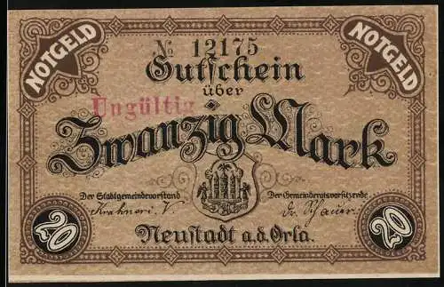 Notgeld Neustadt a.d. Orla, 1918, Zwanzig Mark, Gutschein über Zwanzig Mark, ungültig, Stadtwappen