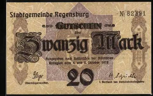 Notgeld Regensburg 1918, 20 Mark, Gutschein der Stadtgemeinde Nr. 82391, entwertet