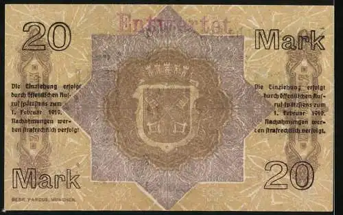 Notgeld Regensburg 1918, 20 Mark, Gutschein der Stadtgemeinde Nr. 82391, entwertet