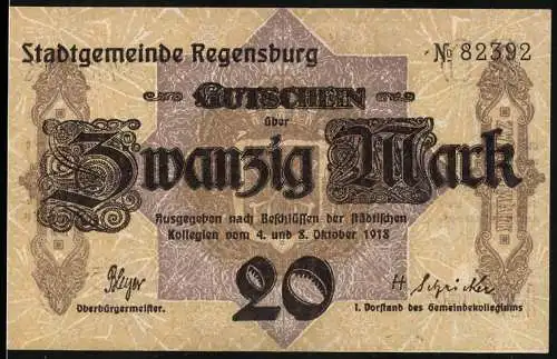 Notgeld Regensburg 1918, 20 Mark, Gutschein der Stadtgemeinde mit Seriennummer 82392 im gold-braunen Design