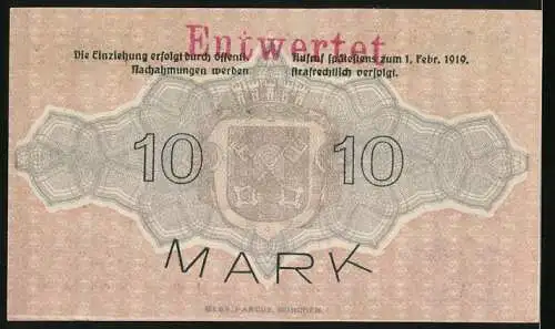 Notgeld Regensburg 1918, 10 Mark, Gutschein über Zehn Mark, Seriennummer 22892, entwertet