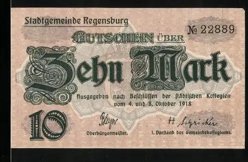 Notgeld Regensburg 1918, 10 Mark, Gutschein über Zehn Mark, Seriennummer 22889, Entwertet