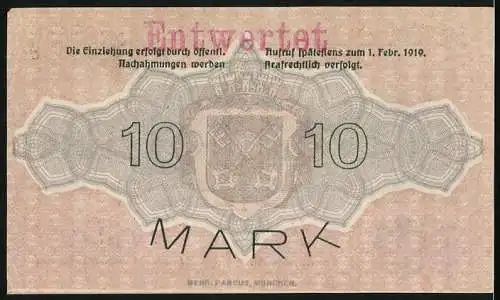 Notgeld Regensburg 1918, 10 Mark, Gutschein über Zehn Mark, Seriennummer 22889, Entwertet