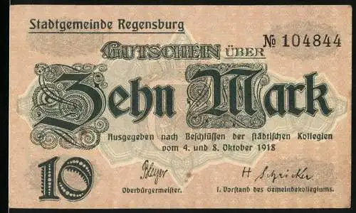 Notgeld Regensburg 1918, 10 Mark, Gutschein über Zehn Mark, Seriennummer 104844, entwertet