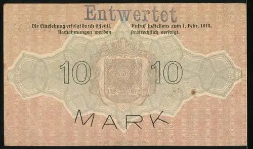 Notgeld Regensburg 1918, 10 Mark, Gutschein über Zehn Mark, Seriennummer 104844, entwertet