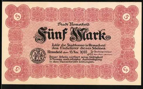 Notgeld Remscheid, 1918, Fünf Mark, rote Verzierung mit Stadtwappen und 5er-Zahlung