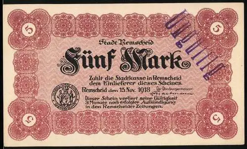 Notgeld Remscheid 1918, Fünf Mark, mit rotem dekorativem Rahmen und städtischem Wappen