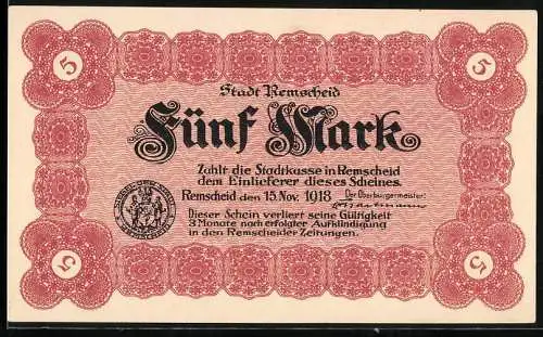 Notgeld Remscheid, 1918, 5 Mark, Stadt Remscheid, Wappen und Ornamente in Rot