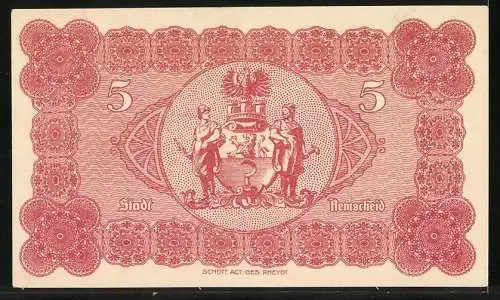 Notgeld Remscheid, 1918, 5 Mark, Stadt Remscheid, Wappen und Ornamente in Rot