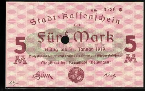 Notgeld Melsungen 1919, 5 Mark, Gültig bis 31. Januar 1919, Magistrat der Kreisstadt Melsungen