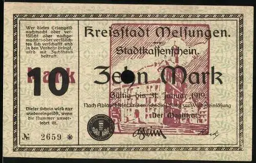 Notgeld Melsungen 1919, 10 Mark, Stadtkassenschein, Vorderseite mit Gebäudeabbildung, Rückseite mit Ornamenten