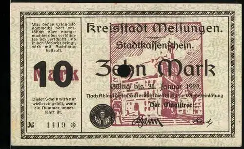 Notgeld Melsungen 1919, 10 Mark, Stadtansicht und kunstvolle Rückseite