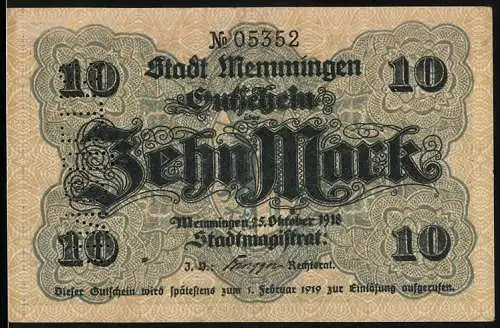 Notgeld Memmingen 1918, 10 Mark, Stadtansicht und Ornamentik, perforiert: UNGÜLTIG