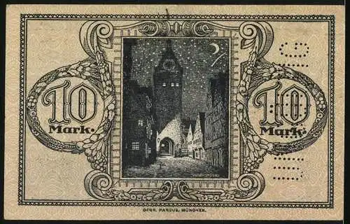 Notgeld Memmingen 1918, 10 Mark, Stadtansicht und Ornamentik, perforiert: UNGÜLTIG