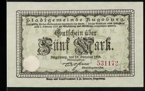 Notgeld Augsburg, 1918, 5 Mark, Gutschein über Fünf Mark, Stadtgemeinde Augsburg