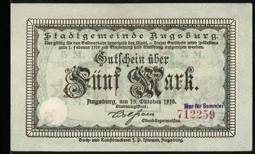 Notgeld Augsburg, 1918, 5 Mark, Gutschein der Stadtgemeinde Augsburg über Fünf Mark am 15. Oktober 1918