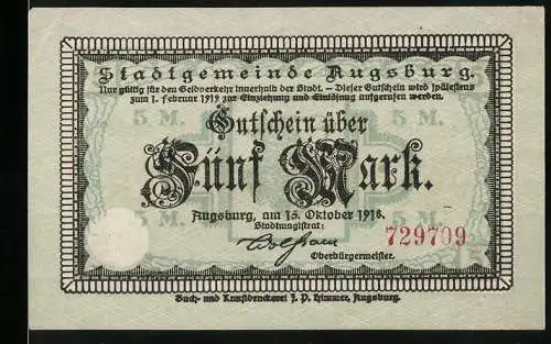 Notgeld Augsburg 1918, 5 Mark, Gutschein der Stadtgemeinde über Fünf Mark