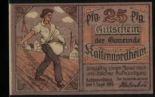 Notgeld Kaltennordheim 1919, 25 Pfennig, Gutschein der Gemeinde mit Bauer und Stadtwappen