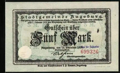 Notgeld Augsburg, 1918, Gutschein über Fünf Mark, nur für Sammler, Seriennummer 699326