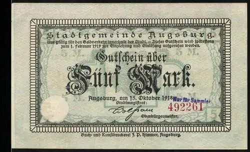 Notgeld Augsburg, 1918, 5 Mark, Gutschein der Stadtgemeinde über Fünf Mark, Seriennummer 492261